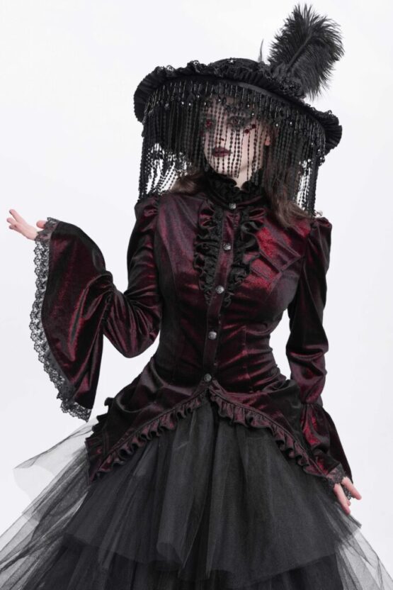 SHT14102 - High Collar Ruffle Tailcoat blouse-red-S - Image 3