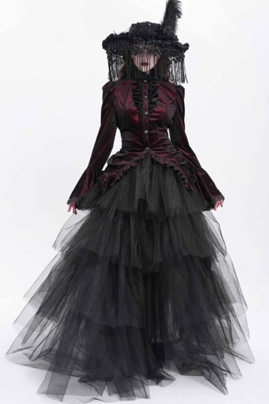 SHT14102 - High Collar Ruffle Tailcoat blouse-red-S - Image 12