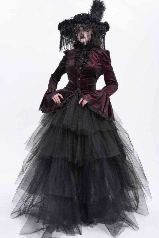 SHT14102 - High Collar Ruffle Tailcoat blouse-red-S - Image 13