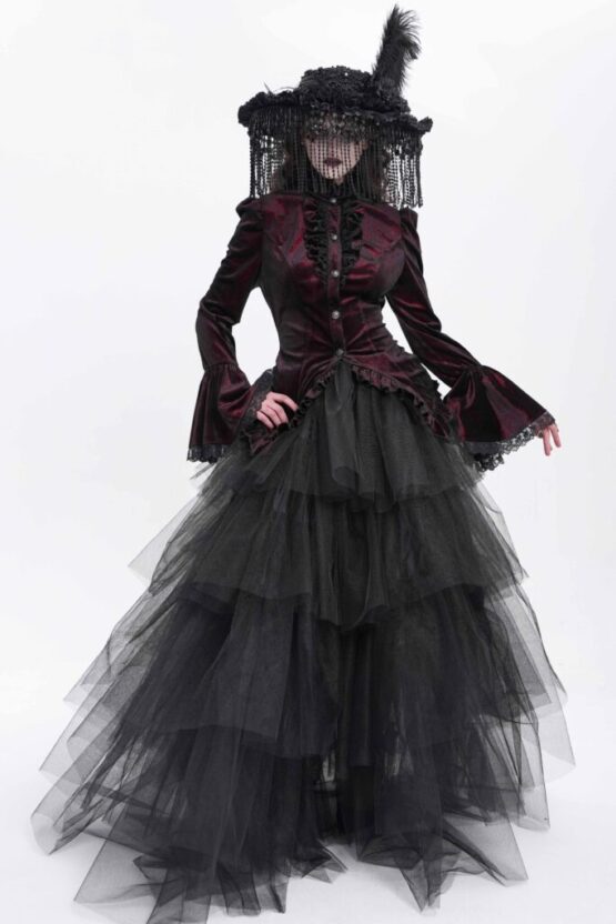 SHT14102 - High Collar Ruffle Tailcoat blouse-red-S - Image 14