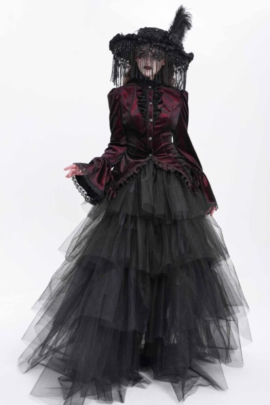 SHT14102 - High Collar Ruffle Tailcoat blouse-red-S - Image 15