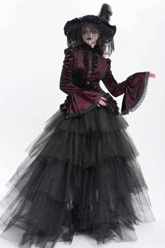 SHT14102 - High Collar Ruffle Tailcoat blouse-red-S - Image 8