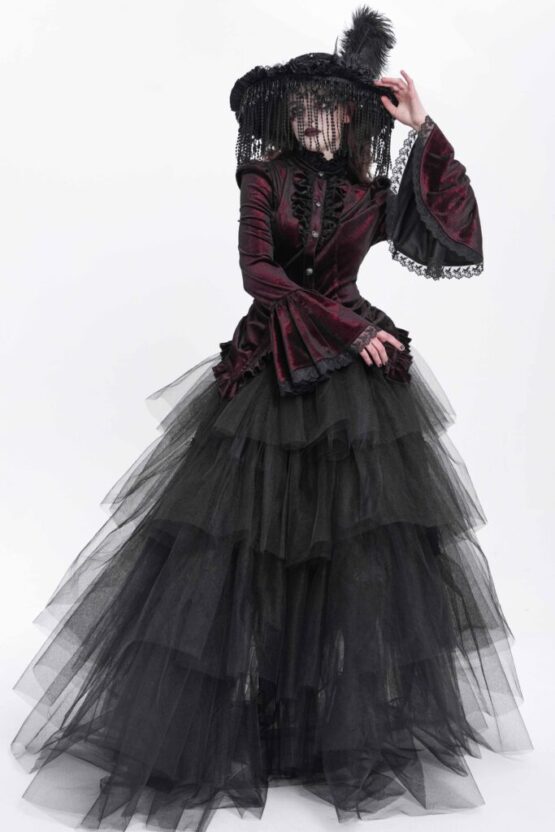SHT14102 - High Collar Ruffle Tailcoat blouse-red-S - Image 7