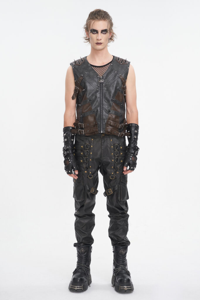 WT08601 - Steampunk pleather 2 tone vest with spikes-Black/Brown - Image 6