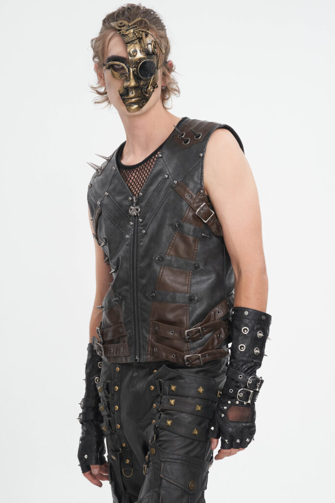 WT08601 - Steampunk pleather 2 tone vest with spikes-Black/Brown - Image 4