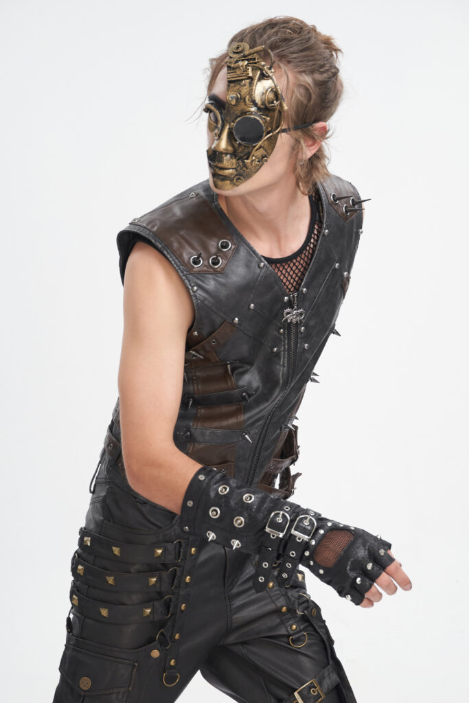 WT08601 - Steampunk pleather 2 tone vest with spikes-Black/Brown - Image 5