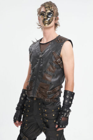 WT08601 - Steampunk pleather 2 tone vest with spikes-Black/Brown