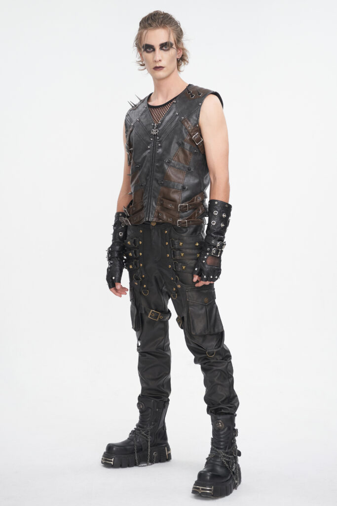 WT08601 - Steampunk pleather 2 tone vest with spikes-Black/Brown - Image 8