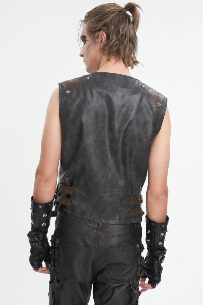 WT08601 - Steampunk pleather 2 tone vest with spikes-Black/Brown - Image 2