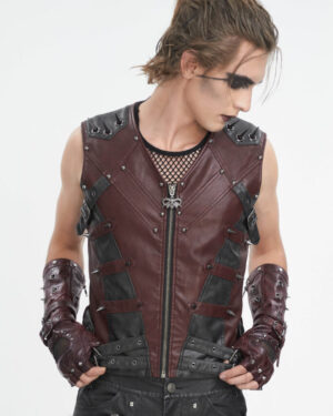 WT08602 - Steampunk pleather 2 tone vest with spikes-Red/Black