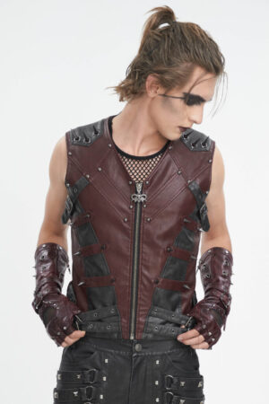 WT08602 - Steampunk pleather 2 tone vest with spikes-Red/Black