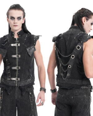WT092 - Black denim distressed buckle and chain vest