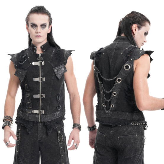 WT092 - Black denim distressed buckle and chain vest