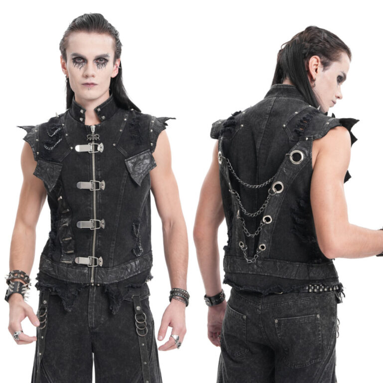 WT092 - Black denim distressed buckle and chain vest