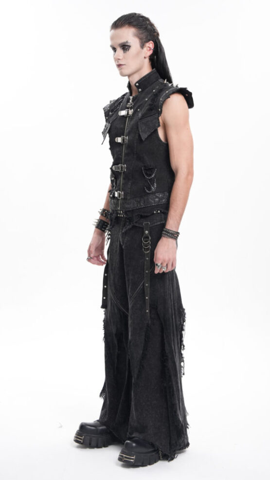 WT092 - Black denim distressed buckle and chain vest - Image 5