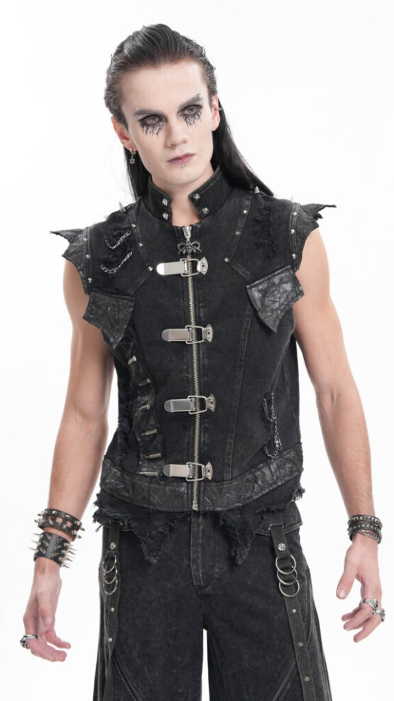 WT092 - Black denim distressed buckle and chain vest - Image 2