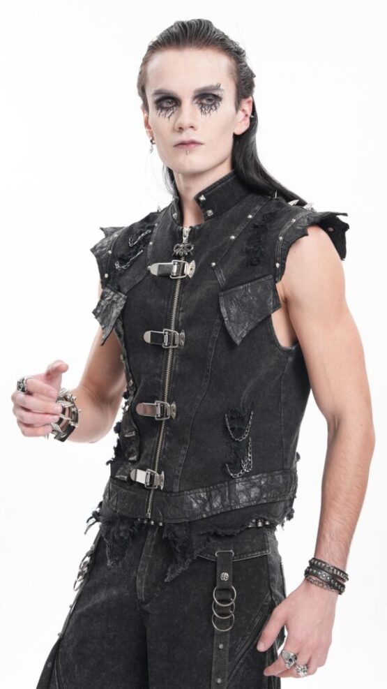 WT092 - Black denim distressed buckle and chain vest - Image 3