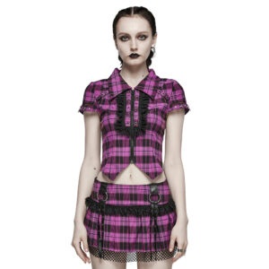 WY1460 - Ruffle plaid collar shirt-Black/Violet