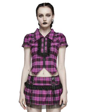 WY1460 - Ruffle plaid collar shirt-Black/Violet