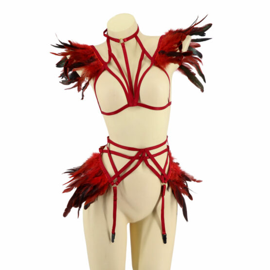 4256 - Red Feather Strap Lingerie Set - Image 4