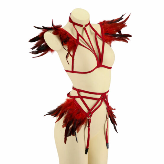 4256 - Red Feather Strap Lingerie Set - Image 5