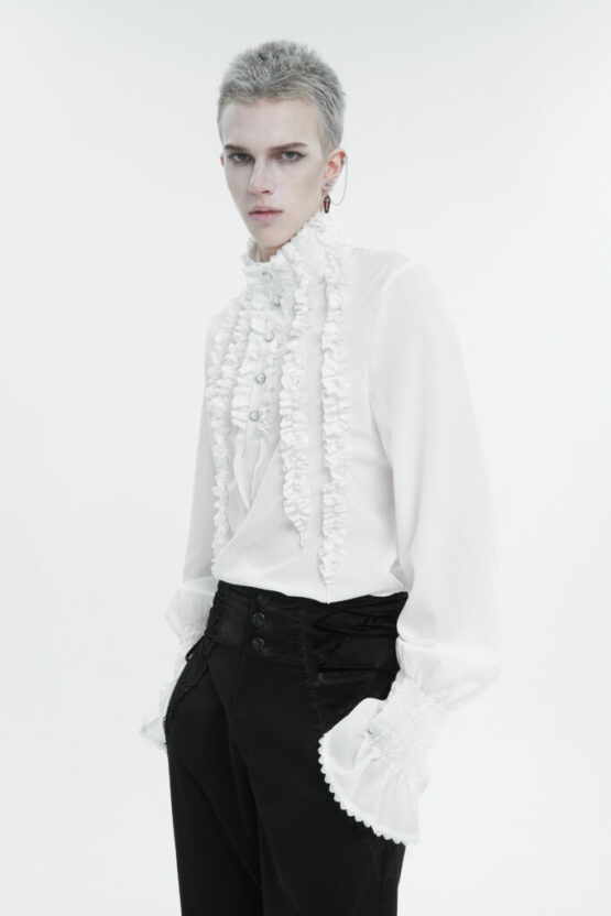 SHT10402 - White High Collar Ruffle Row Gothic Shirt - Image 3