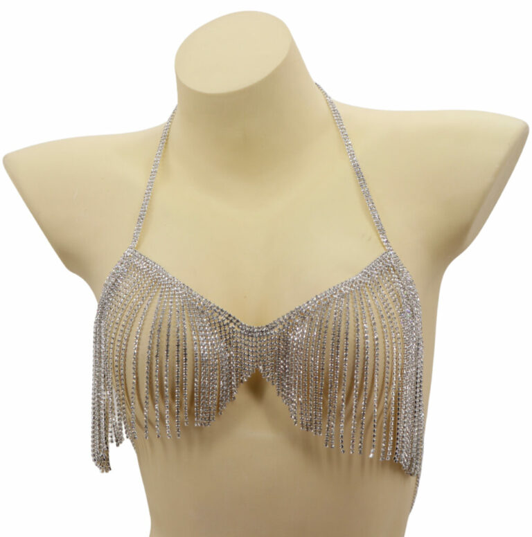 94028 - Halter Style Fringe Bralette Top with Rhinestones