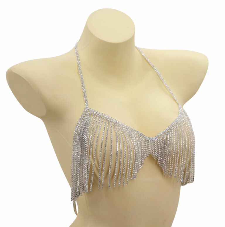 94028 - Halter Style Fringe Bralette Top with Rhinestones - Image 2