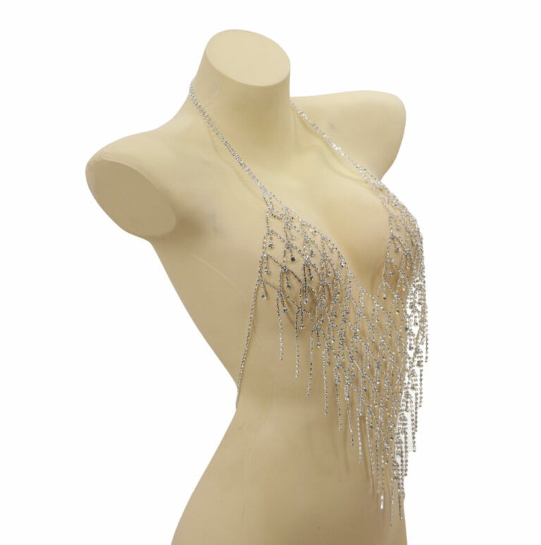 94033 - Diamond Fringe and Rhinestone Body Chain Halter Top - Image 2