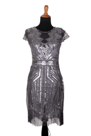 2511 - Silver sequin flapper with Fringe dress