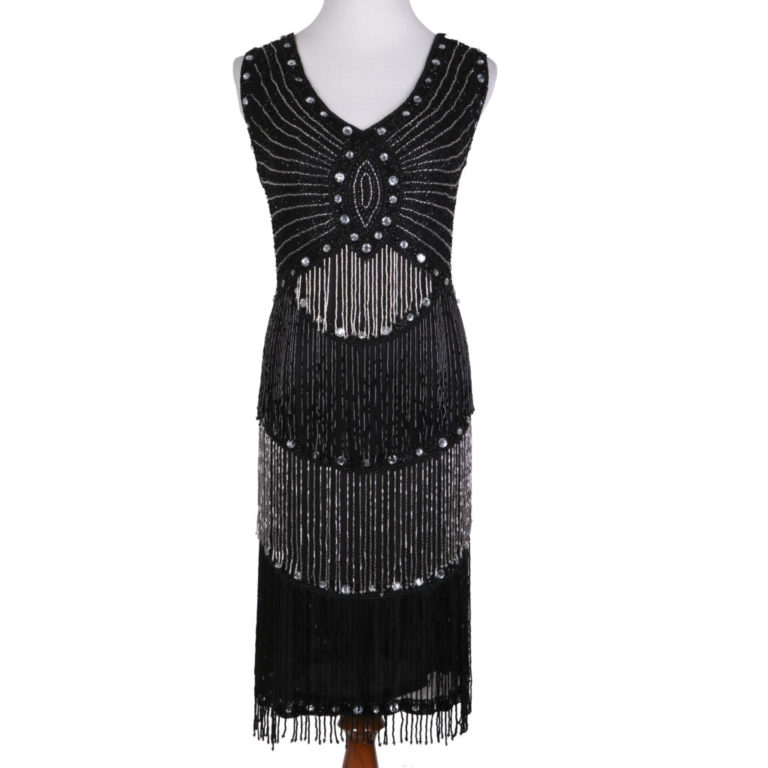 2300 - Black Beaded Sequin Dress with Rhinestones and Fringes