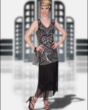 2418 - Flapper Dress - Black with Silver Sequins