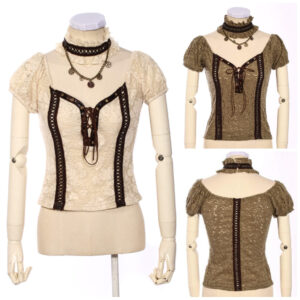 SP196 - Beige Lace Steampunk Top with Puff Sleeves and Choker