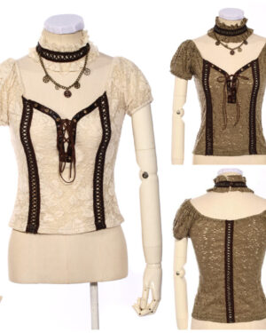 SP196 - Beige Lace Steampunk Top with Puff Sleeves and Choker