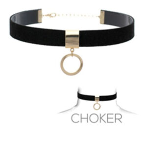 Black Faux Suede Choker Necklace with Gold Circle Pendant