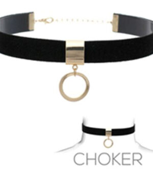 Black Faux Suede Choker Necklace with Gold Circle Pendant