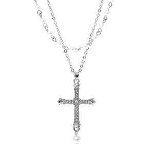 16718 - G, Cross Necklc, 2 strnds, 14/16+3", 1.13x2"