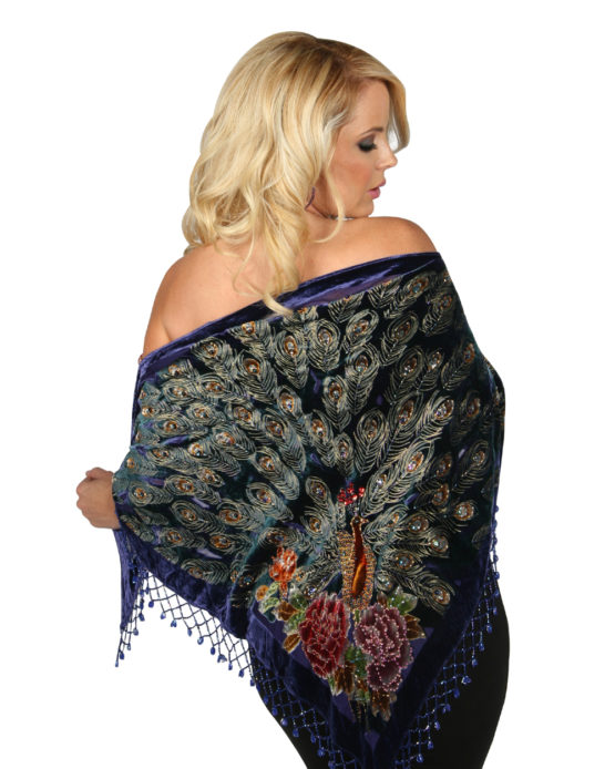 1715 - Burnt-out Velvet Beaded Triangle Peacock - Black