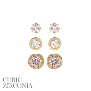 25887 - CZ round square shape 3 pairs earrings, gld