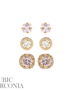 25887 - CZ round square shape 3 pairs earrings, gld