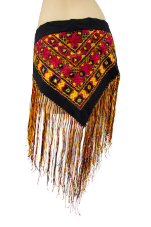 549 - Embroidered Cotton Hip Scarf with Mirror and Fringes - Black Color