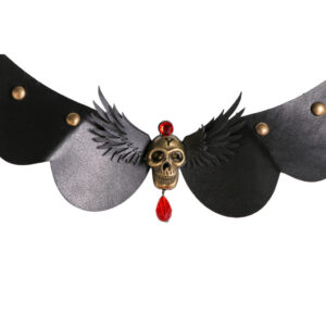 55447 - Skull PU Leather Choker with Wings, Blk/Gld