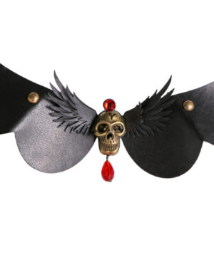 55447 - Skull PU Leather Choker with Wings, Blk/Gld