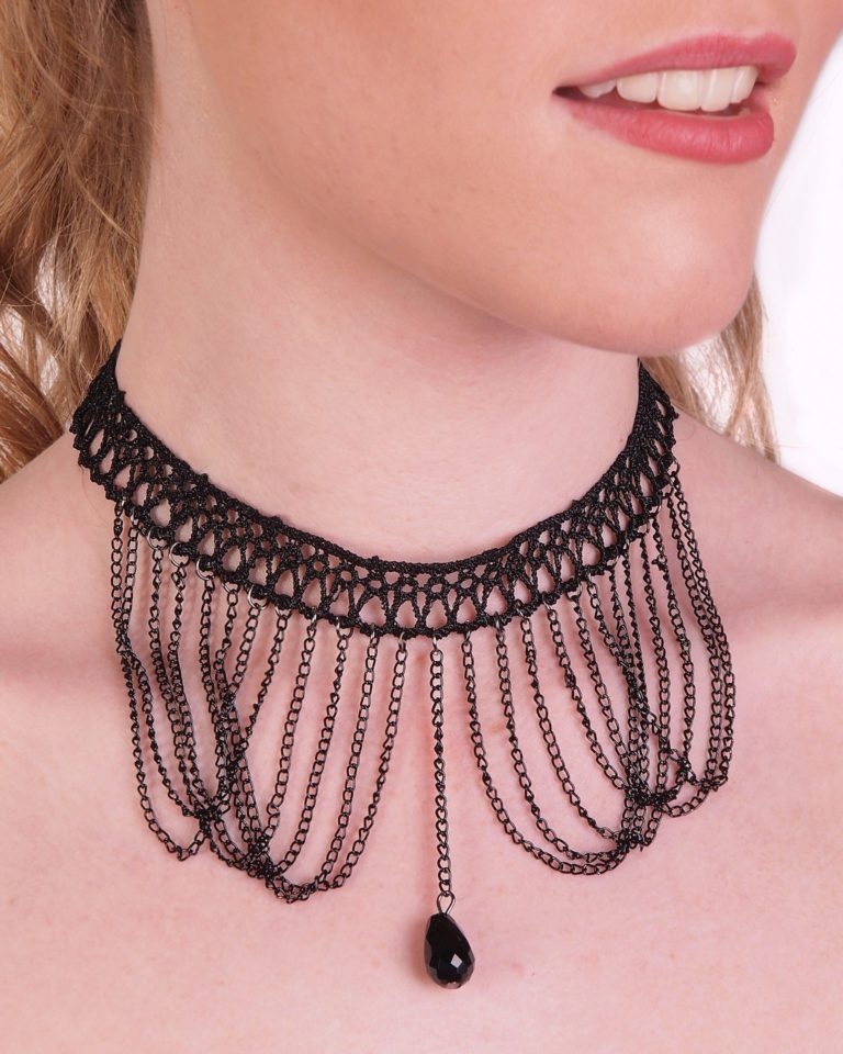 68685 - Black Lace Choker with Hanging Chains and Beads - Image 2