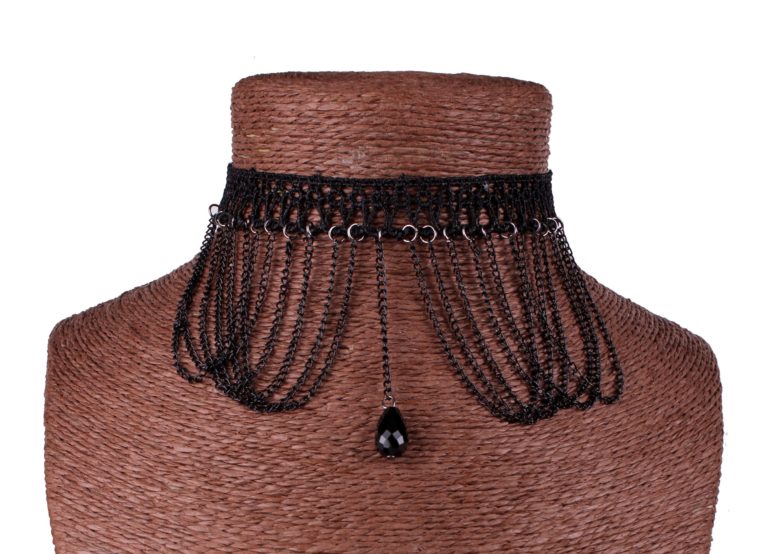 68685 - Black Lace Choker with Hanging Chains and Beads - Image 3