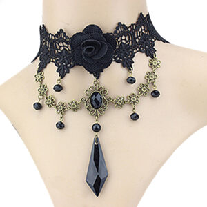 68724 - Black Lace Rose Choker with Bead Swags and Pendant