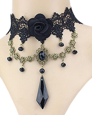 68724 - Black Lace Rose Choker with Bead Swags and Pendant