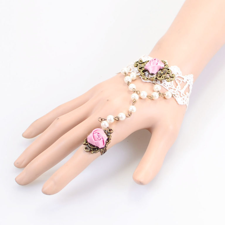68745 - Victorian Pearl Slave Bracelet with Roses - Beige - Image 2