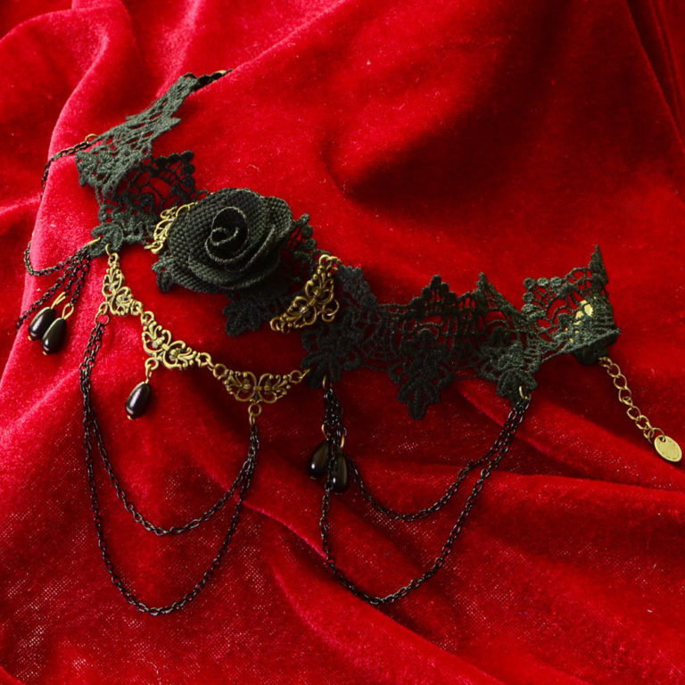 68751 - Black Lace Rose Choker with Chain Swags - Image 2