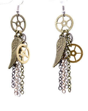 69605 - Steampuk earring with chains & feather wings
